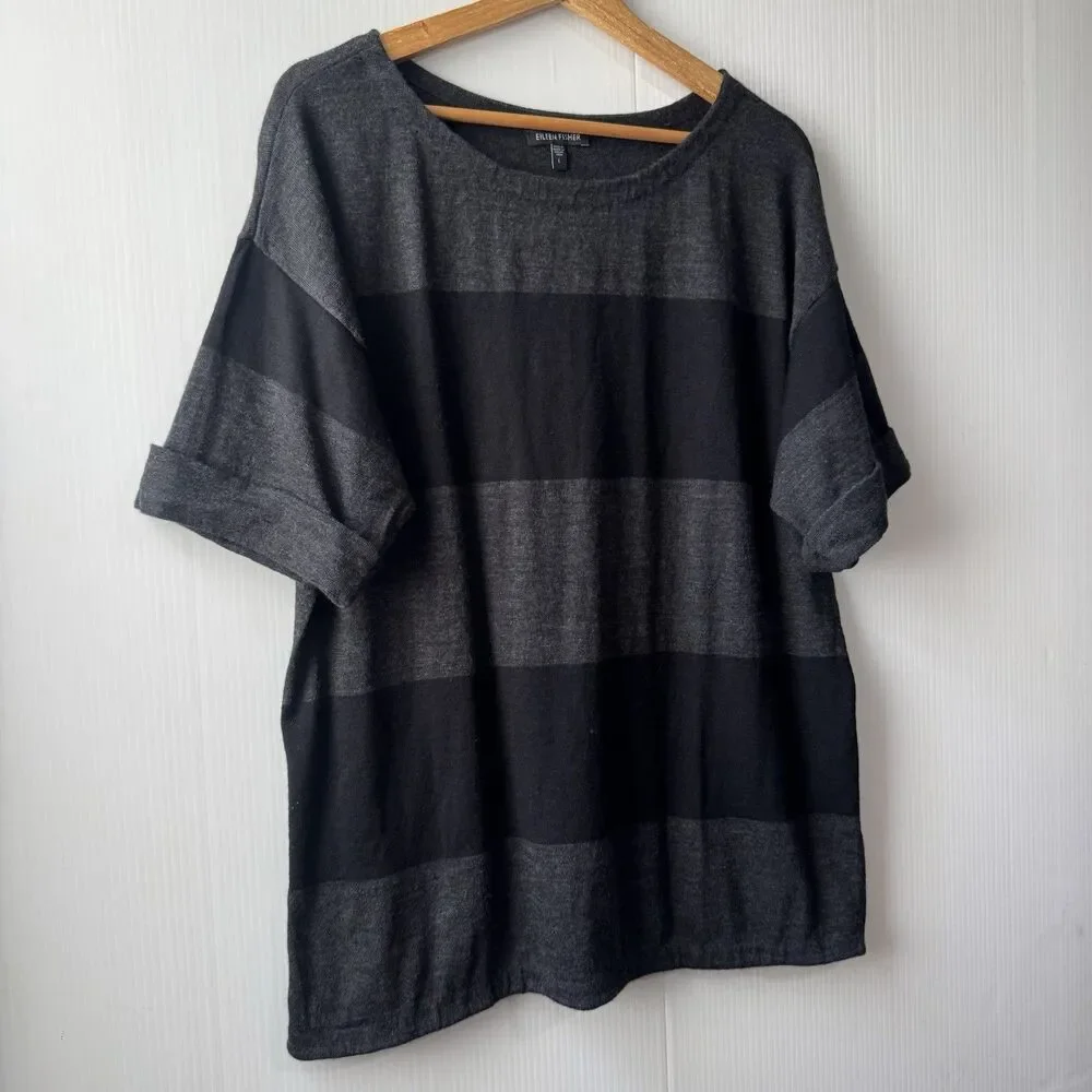 EILEEN FISHER 100% Merino Wool Italian Yarn Black Gray Sz L Sweater Top